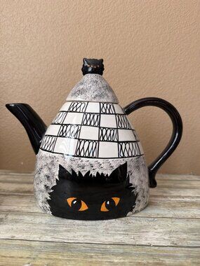 Cats By Nina Lyman Black Cat Ceramic Teapot 9" Pre-owned